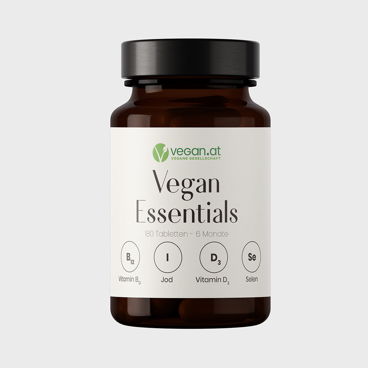 Abbildung des Supplements Vegan Essentials mit den Infos: 180 Tablette - 6 Monate, Vitamin B12, Jod, Vitamin D3, Selen