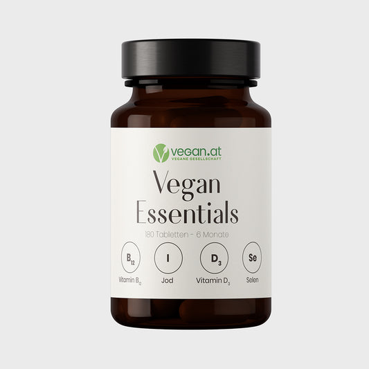 Abbildung des Supplements Vegan Essentials mit den Infos: 180 Tablette - 6 Monate, Vitamin B12, Jod, Vitamin D3, Selen